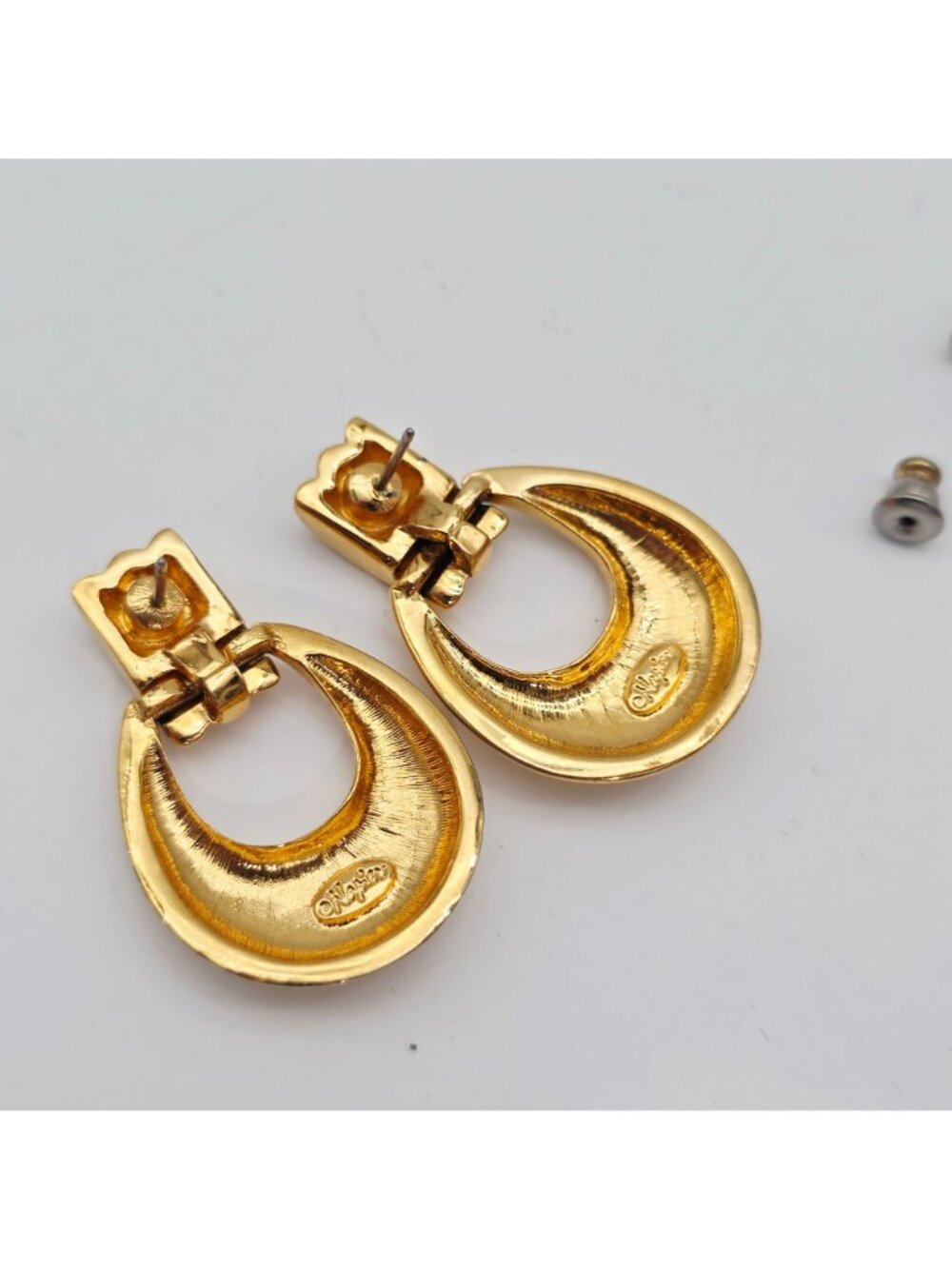 Vintage Napier Gold-Tone Crescent Clip-On Earrings With Ribbed Top Design - Picture 2 of 7